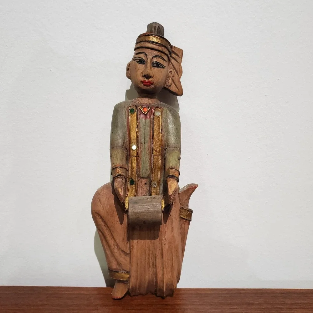 Vintage Hand Carved Burmese Wood Musician Statue Polychrome Thai Temple Art